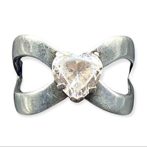 Heart CZ Ladies Bow Ring Sterling Silver size 6.75 Signed DQ Korea 925